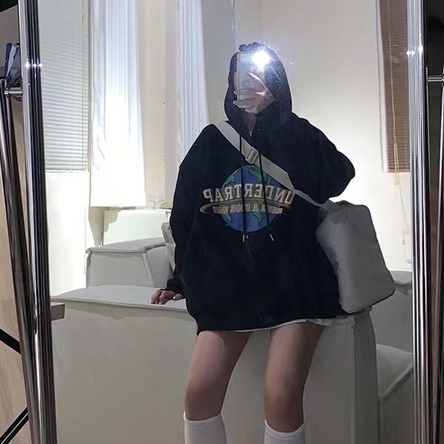 【ZHELIHANGFEI】Áo Hoodie Tay Dài Dáng Rộng In Hình Trái Đất Phong Cách Preppy Dễ Phối Đồ