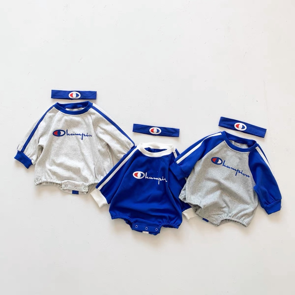 Áo liền quần tay dài màu xanh dương/ xám cùng với băng đô dành cho bé trai và bé gái sơ sinh