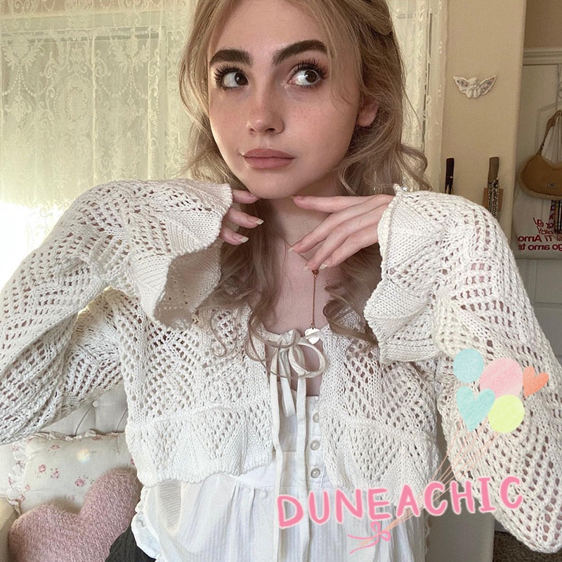 DUNEA Áo Khoác Cardigan Dệt Kim Dài Tay Phối Dây Thắt Thời Trang Dành Cho Nữ