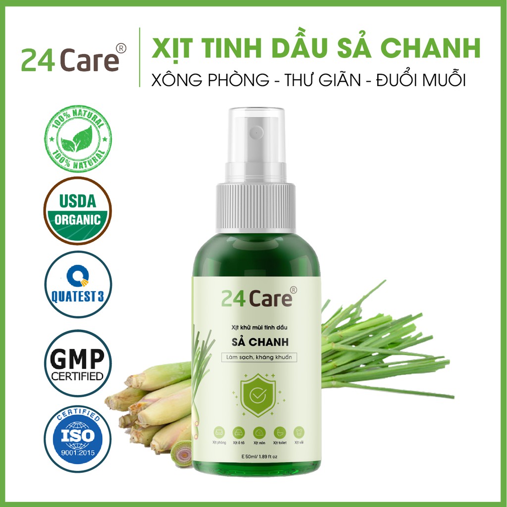  Xịt tinh dầu hữu cơ Sả Chanh 24Care 50ml | [PHÂN PHỐI CHÍNH HÃNG]