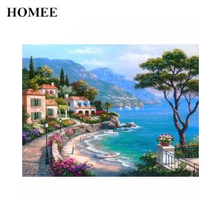 Tranh Thêu Chữ Thập Đính Đá Giả Hình Phong Cảnh Bãi Biển, Kích Thước 30x25cm