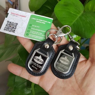 Móc khóa da in logo phối kim loại có 2 khoen móc