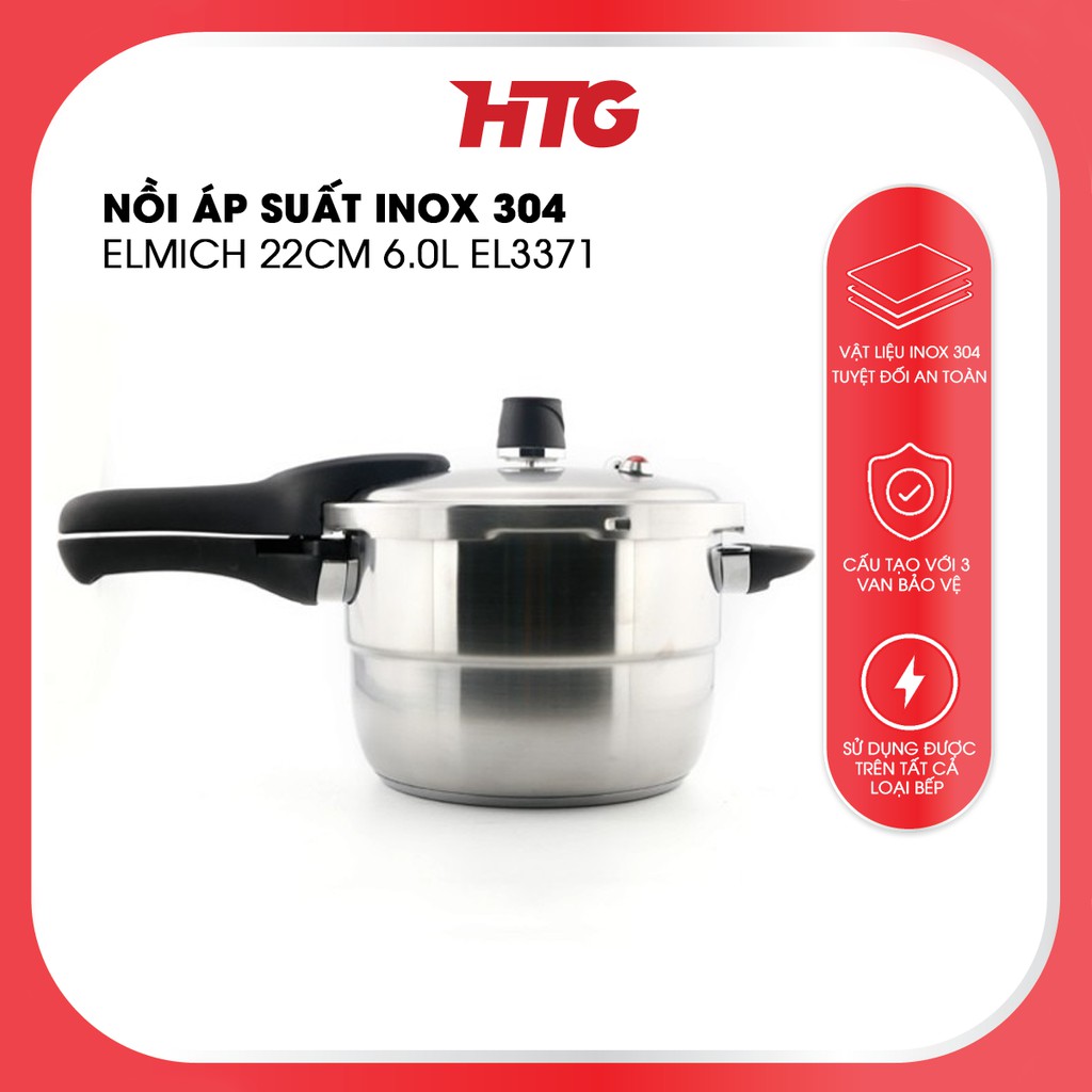 Nồi áp suất inox 304 Elmich 22cm 6.0L EL3371 - 3 lớp van bảo vệ - sử dụng mọi loại bếp