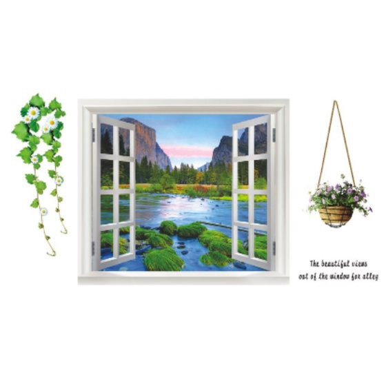 Decal trang trí tường - Cửa sổ cảnh núi , rừng cây thông , và sông