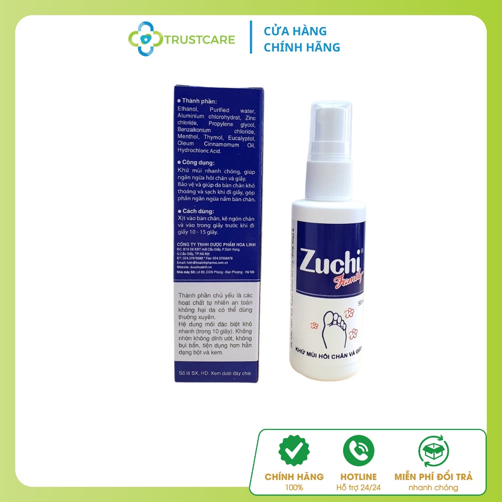 Zuchi Family, xịt thơm giày dép, khử mùi hôi chân, hôi giày, xịt thơm, Dược phẩm Hoa Linh 50ml - Trustcare