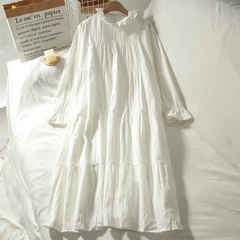 Váy đầm babydoll dáng dài form suông rộng màu trắng tiểu thư vintage ulzzang xinh xắn 2020