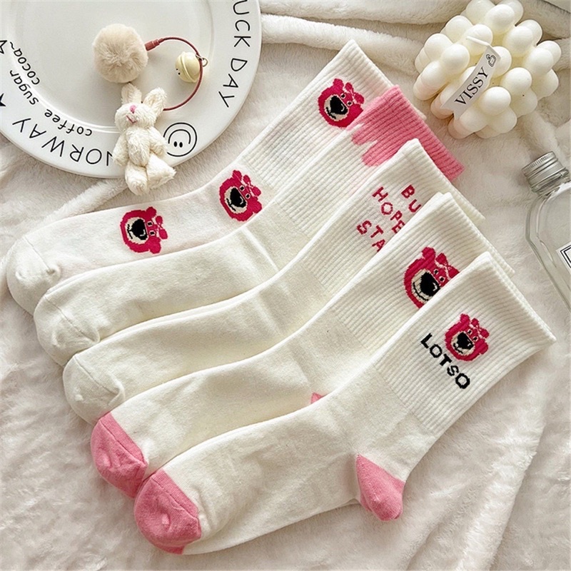 Vớ cotton cổ cao hình gấu dâu LOSTO dễ thương Hàn Quốc - Tất cao cổ hoạ tiết gấu hồng Lotso co giãn