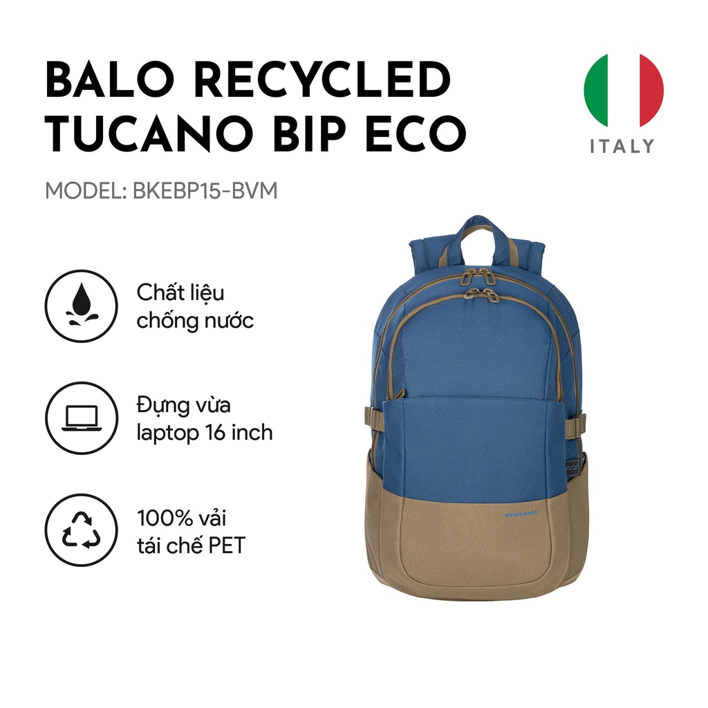 Balo Laptop/ Macbook Recycled Tucano Bip Eco cao cấp chống sốc 15.6 inch