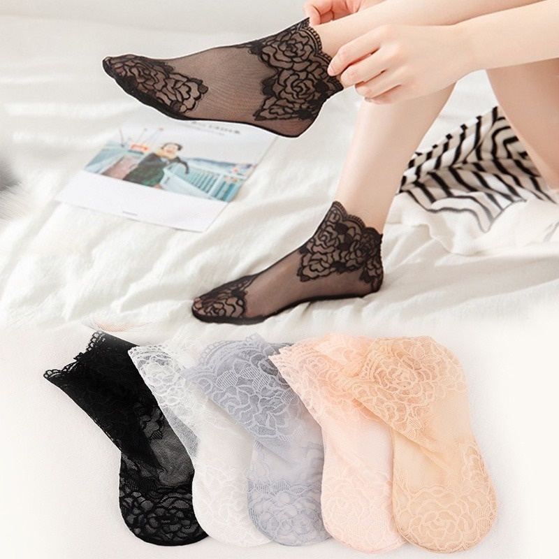 Vớ Ren Mềm Cổ Thấp Thoáng Khí Chống Trượt Cho Nữ