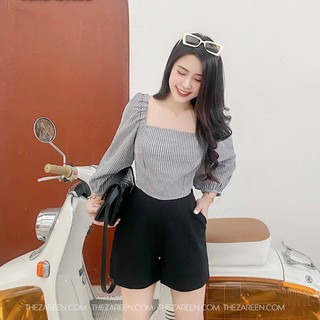 Áo croptop basic tay phồng zareen voa56 sọc trắng xám
