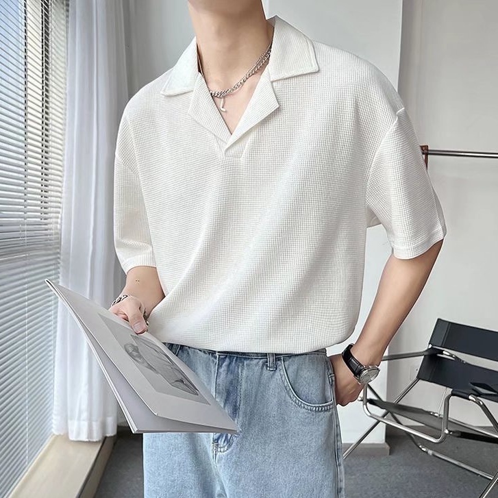 Áo polo Tay Ngắn Dáng Rộng Cổ Bẻ Co Giãn Màu Sắc Trơn Phong Cách Hàn Quốc Dành Cho Nam Sinh