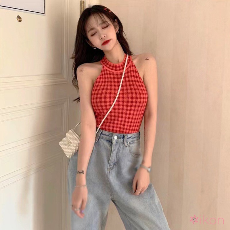 Áo Hai Dây Cổ Yếm Dáng Ôm Sọc Ca Rô Thời Trang Xinh Xắn Cho Nữ