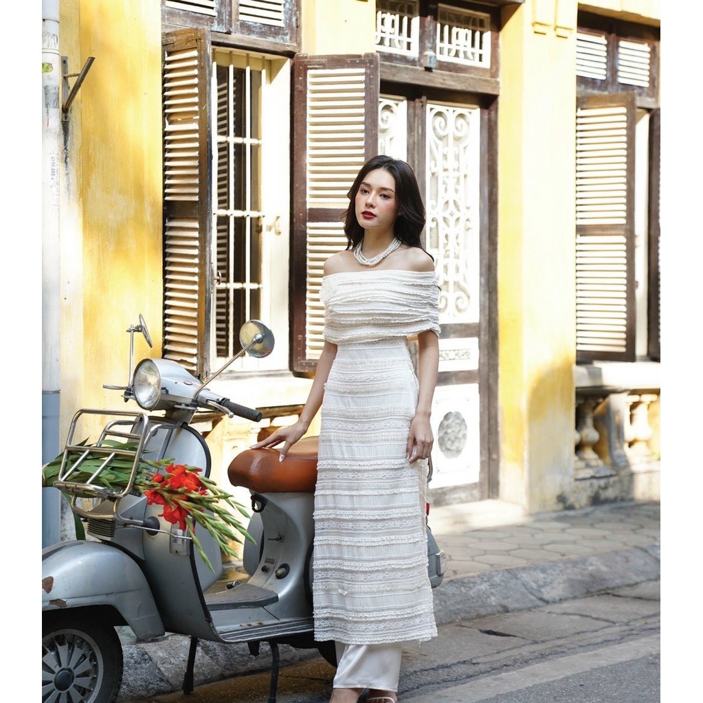 [Aimee Clothing] Áo dài ren trễ vai tiểu thư, cá tính siêu tôn dáng - Áo dài Tết thiết kế chất liệu ren cao cấp