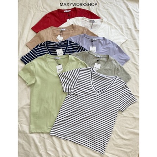 Áo thun cổ tim V neck basic tee Stripped White Maxy Workshop