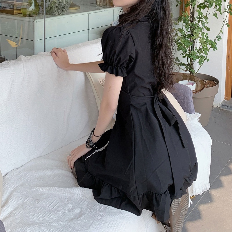 Brroa Đầm Tay Phồng Ngắn Cổ Vuông Eo Cao Dáng Chữ A Phối Dây Cột Phong Cách Lolita Xinh Xắn Cho Nữ