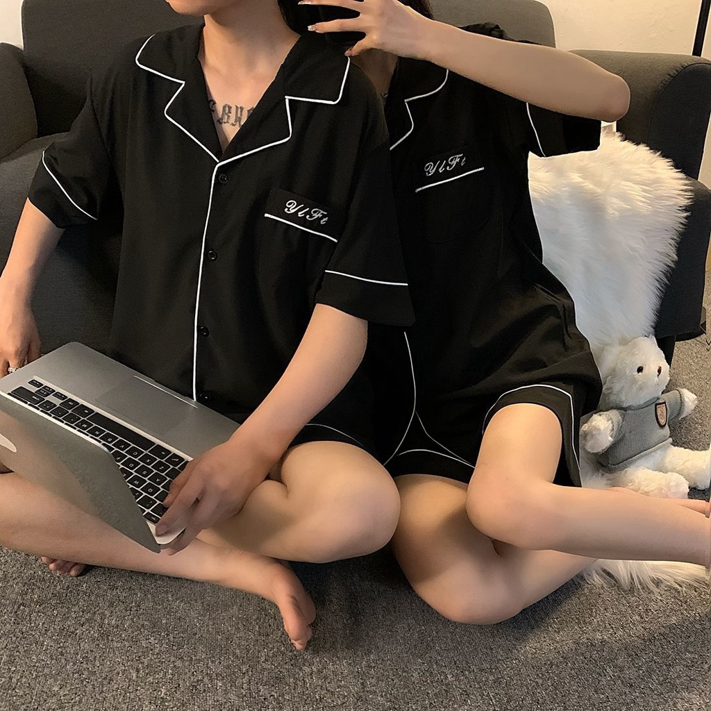 Bộ Đồ Ngủ Tay Ngắn Bằng Cotton Màu Trơn In Chữ Đơn Giản Dành Cho Nam Nữ