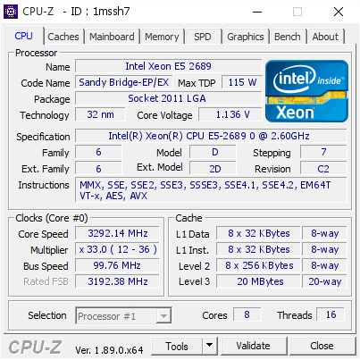 Bộ vi xử lý CPU Intel Xeon E5 2689 ( 2.60 GHz, 20M Cache, 8C/16T)