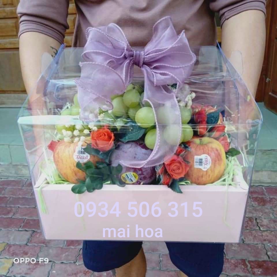 Hộp Giỏ Quà Bằng Giấy 2 Ngăn Túi Mica Trong Suốt, Giỏ Đựng Hoa Quả, Bánh kem sang trọng