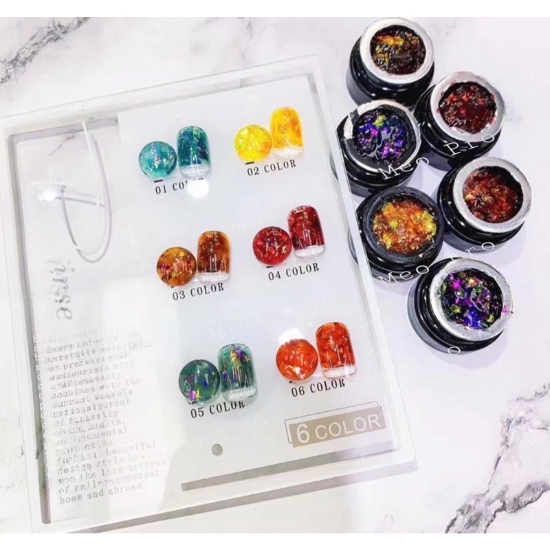 set sơn gel hổ phách galaxy khổng tước 6 hũ( tặng kèm bảng màu)