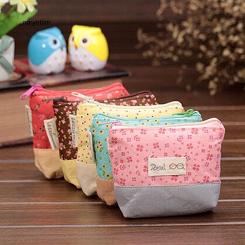 Túi vải canvas mini đựng tiền xu họa tiết hoa dễ thương cho nữ