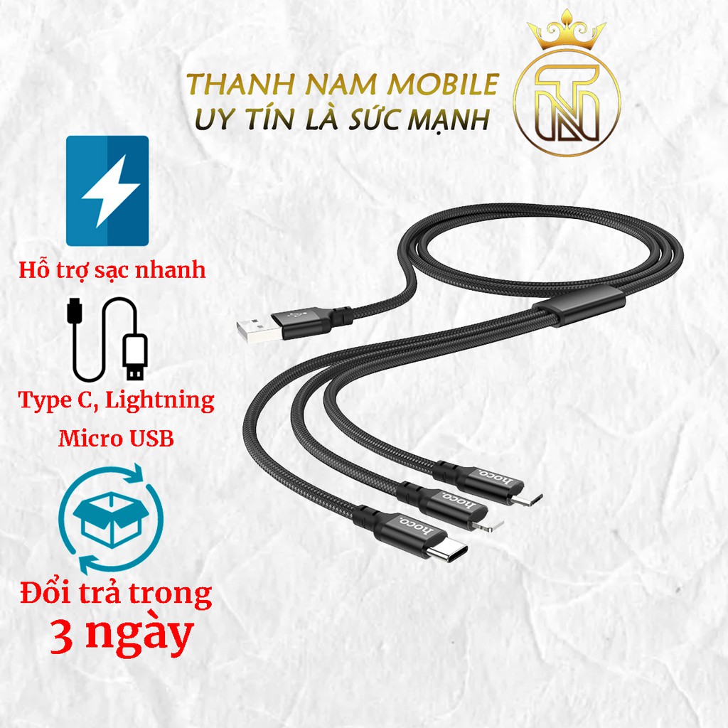 Dây sạc 3 đầu Hoco X14 sạc nhanh, cáp sạc 3 đầu bọc dù sạc pin siêu nhanh