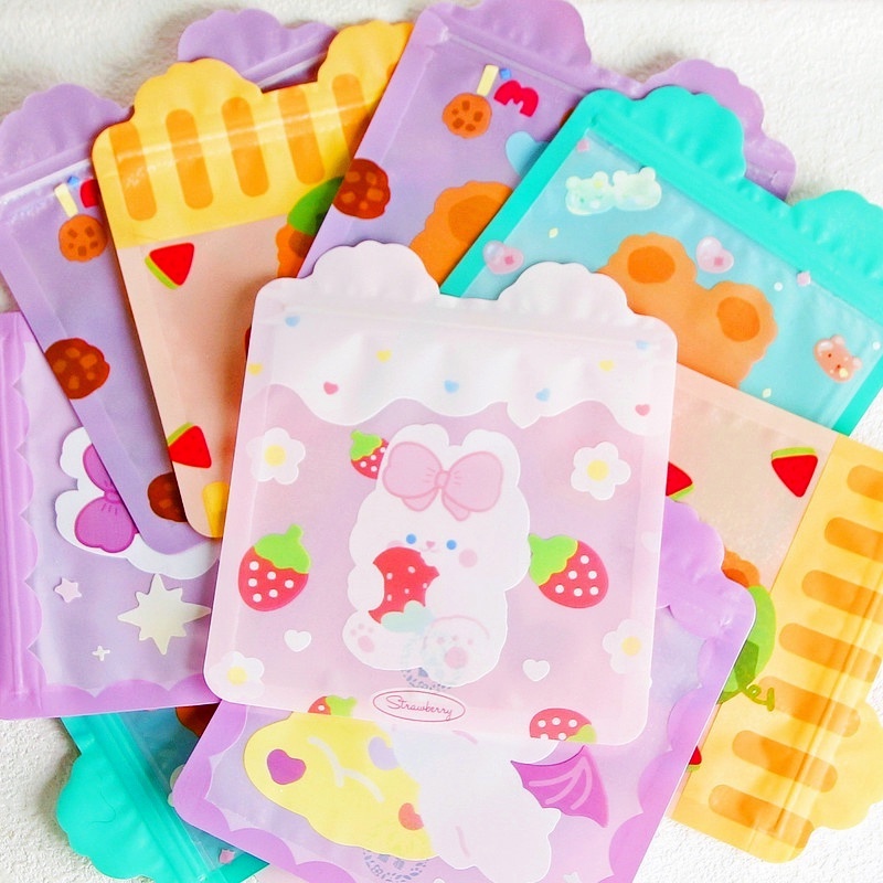 Bộ 5 Túi Zip Nhựa Tự Dính In Họa Tiết Hoạt Hình Dễ Thương Đựng Bánh Quy / Kẹo / Thực Phẩm