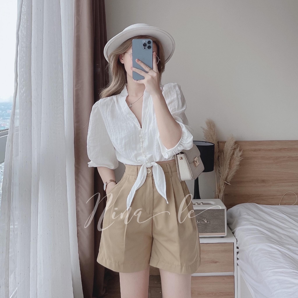 Sét bộ đồ nữ áo sơ mi tay lửng kết cườm phới quần đùi ống rộng xinh xắn giúp nàng nổi bật đi chơi, đi biển