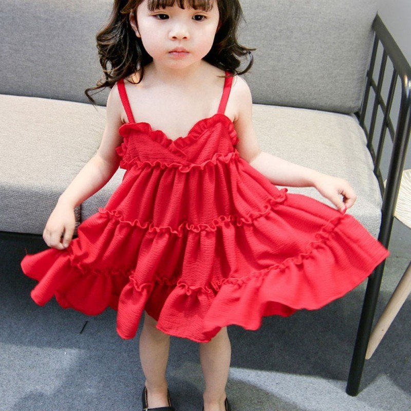 Đầm hai dây màu trơn xếp nếp đáng yêu cho bé gái