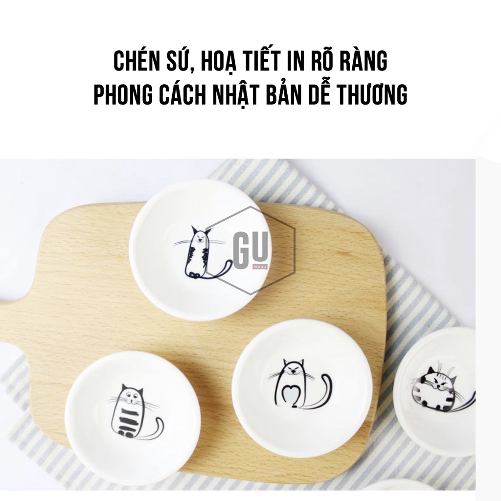 Chén Dĩa Đựng Nước Chấm bằng sứ, hoạt tiết mèo phong cách Nhật Bản