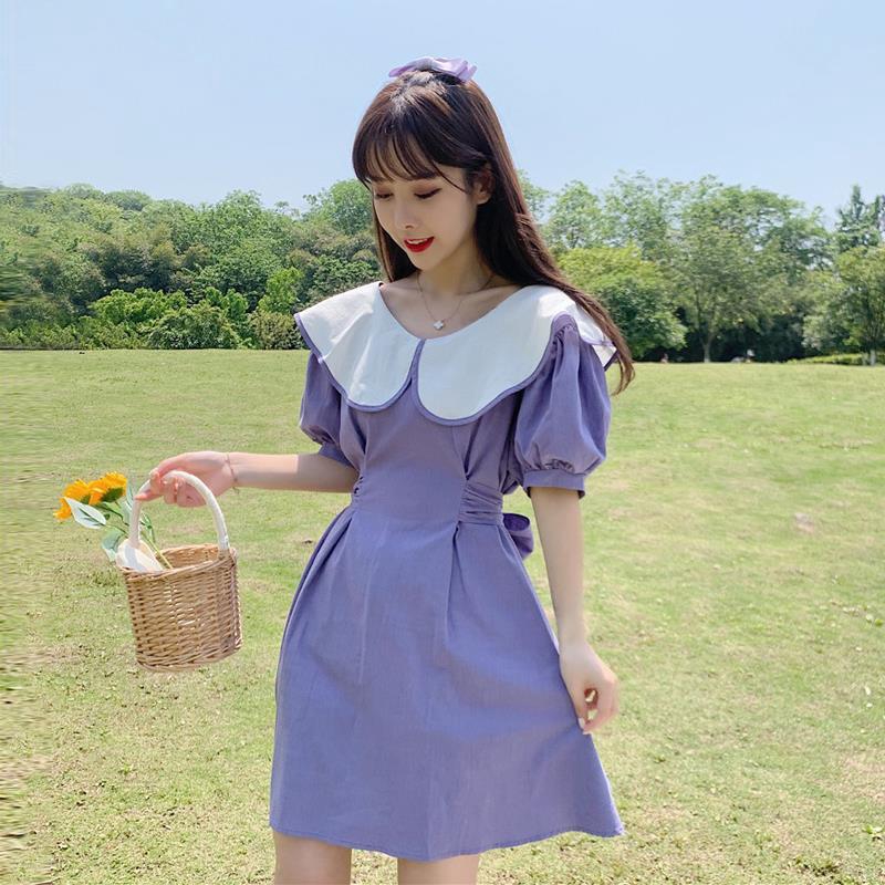 Women Purple Sweet Dress Fashion Short Sleeve Dress