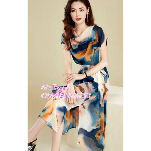 Đầm dáng xòe cổ đổ lụa mango in họa tiết, váy xòe suông nhẹ mặc đi biển - DTH