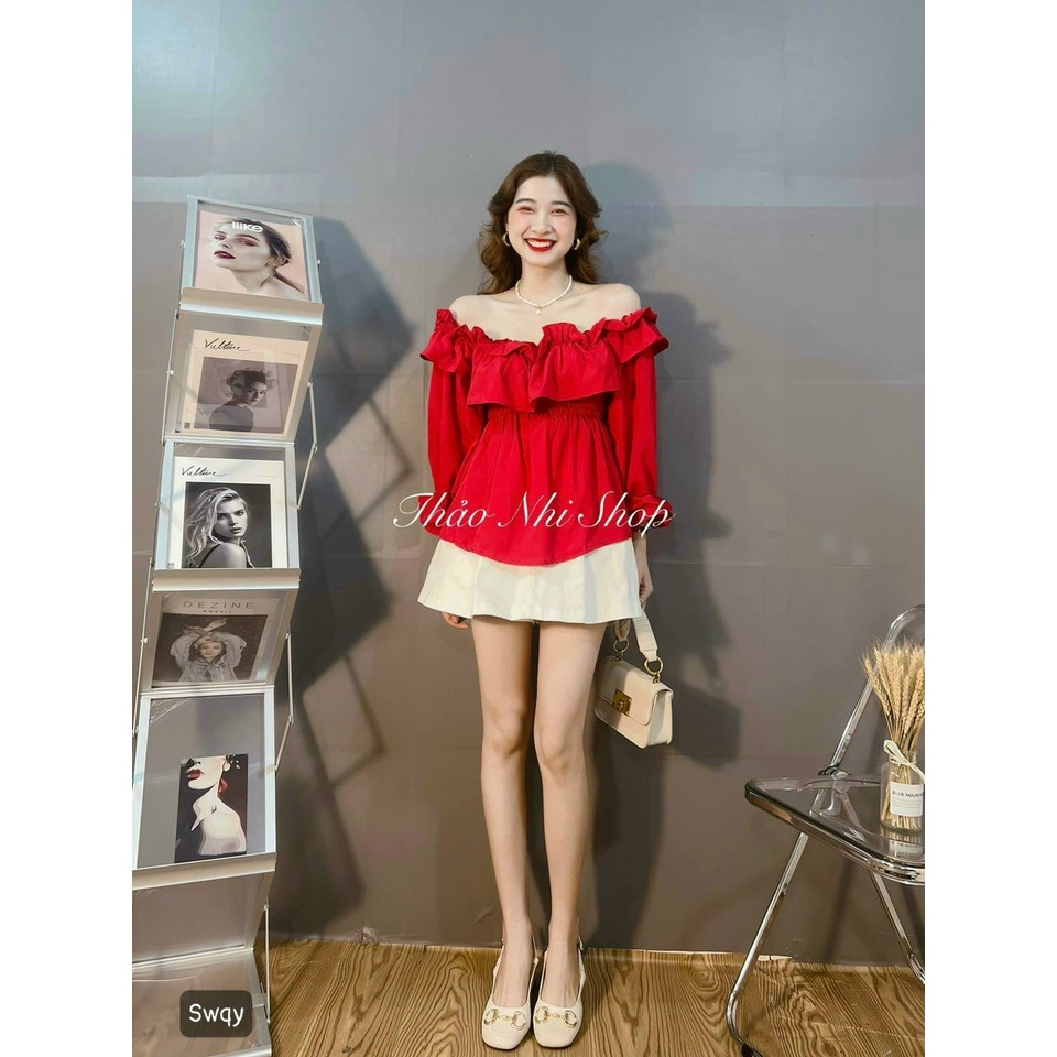 Áo Voan Kiểu Mới Trễ Vai Tay Dài Bánh Bèo Phối Nhún Trước Bụng Xinh Xắn  TTSLA0842