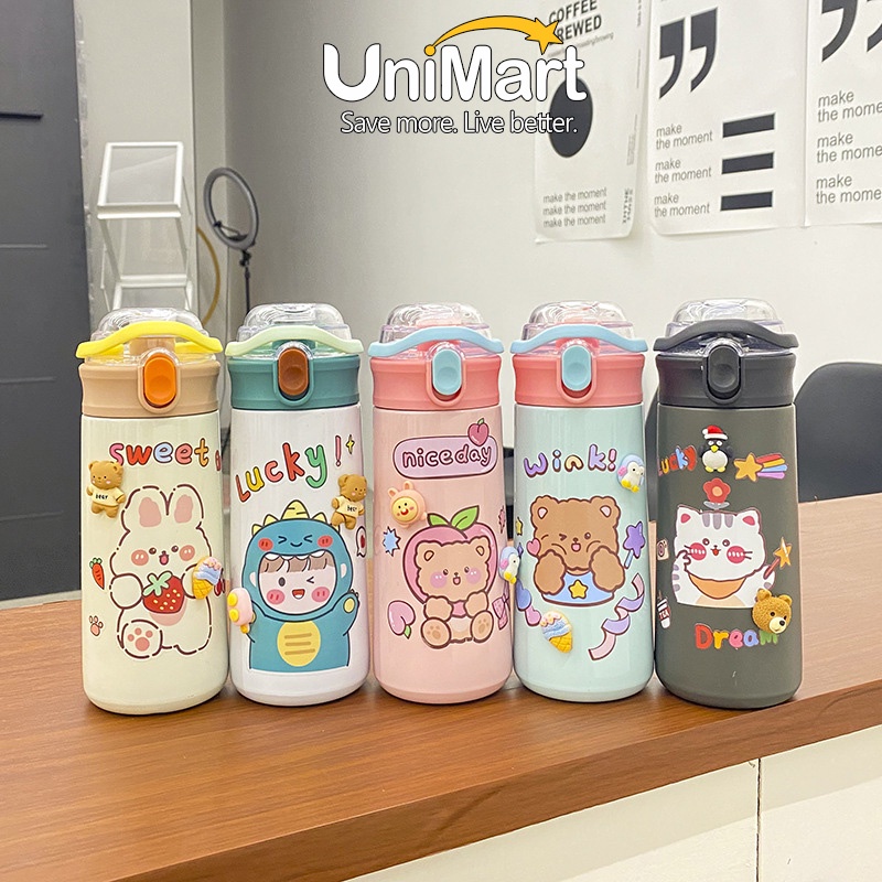 Bình Giữ Nhiệt Inox 480ML Dán Sticker Dễ Thương, Trang Bị Kèm Ống Hút Tiện Lợi Và Dây Đeo Xách - SaoViet Shop