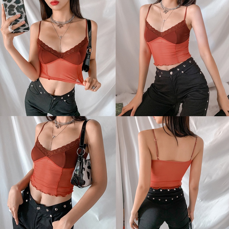Áo Croptop Hai Dây Cổ Chữ V Phối Ren Xuyên Thấu Gợi Cảm Cho Nữ