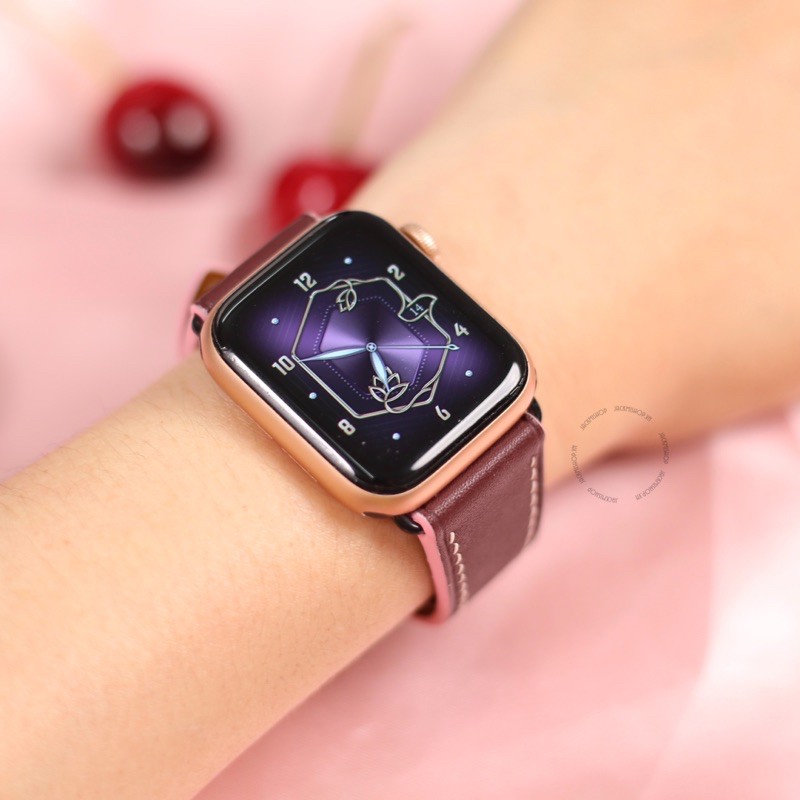 [DÂY DA THẬT] DÂY DA BÊ SWIFT MAY TAY THỦ CÔNG MÀU NÂU CHOCO CHỈ HỒNG CHO APPLE WATCH SERIES 1=&gt;6 (BẢO HÀNH 1 NĂM)