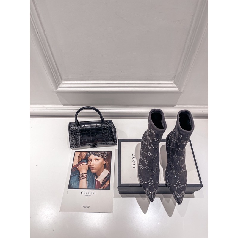 bốt mũi nhọn đính đá sang trọng Gucci GG GC da thật cao cấp