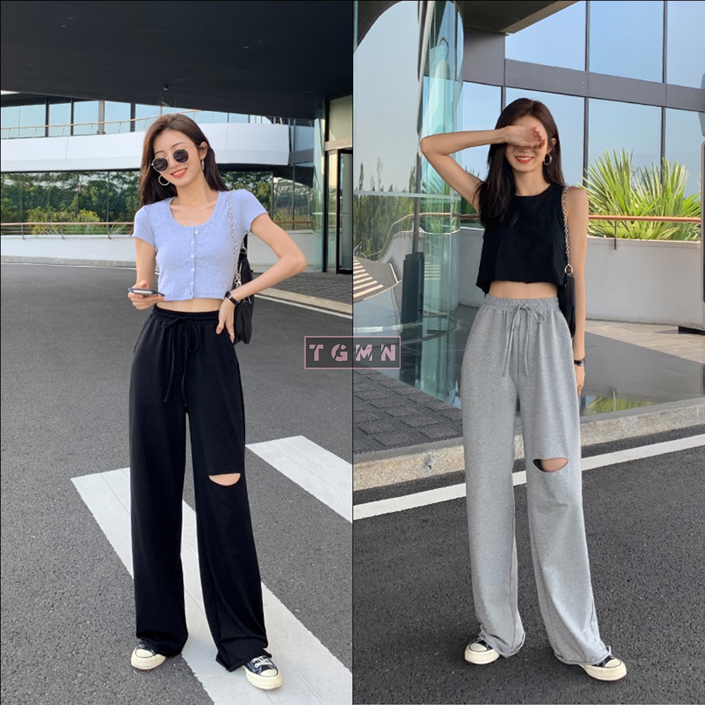 Quần ỐNG RỘNG RÁCH ĐÙI LAI TƯA Ulzzang Unisex TGMN