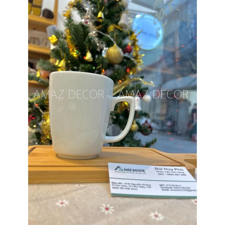 Bộ tách ly cốc sứ uống nước cà phê trà có quai dáng vuông Bát Tràng cao  trắng trơn 390ML C6024 cao cấp thanh lịch