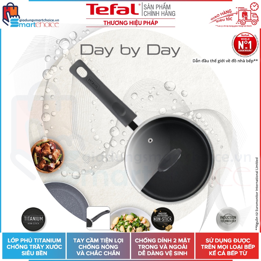 Nồi cán dài, quánh Tefal Day by Day G1432305, Chống dính Titanium, Đáy từ dùng mọi loại bếp, size 18cm