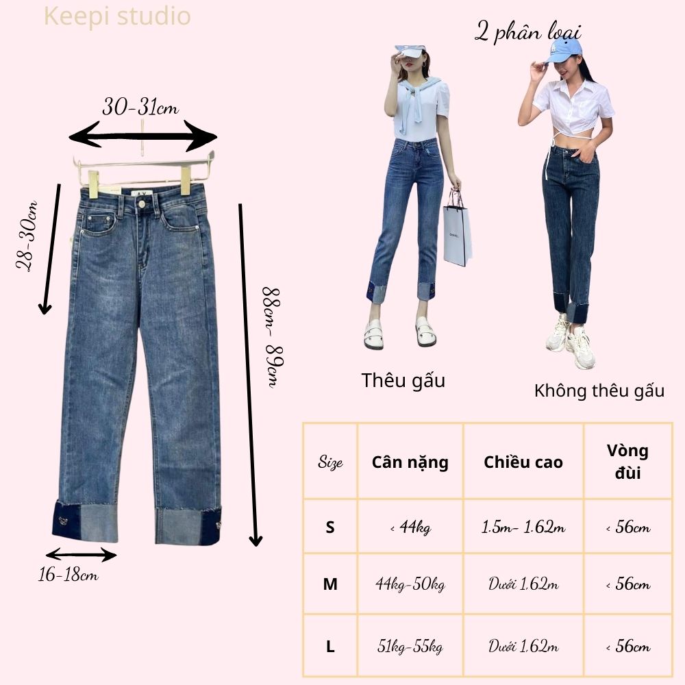 Quần Jean Nữ Ống Đứng Gập Gấu Keepi Tôn Dáng Quần Bò Nữ Lưng Cao