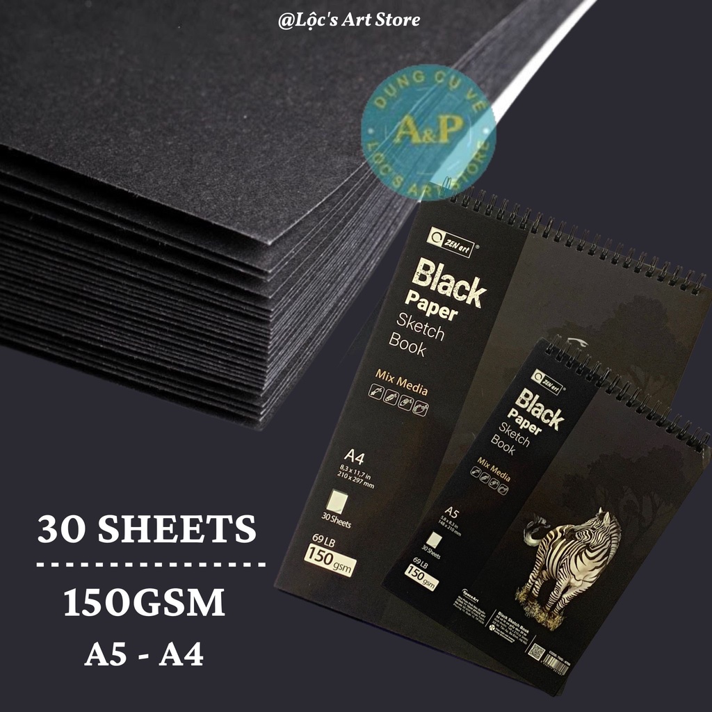 [Lộc's Art Store] Sổ Vẽ Phác Thảo Giấy Đen Gáy Lò Xo ZEN ART - Black Paper Sketch Book ZEN ART (Các Size)