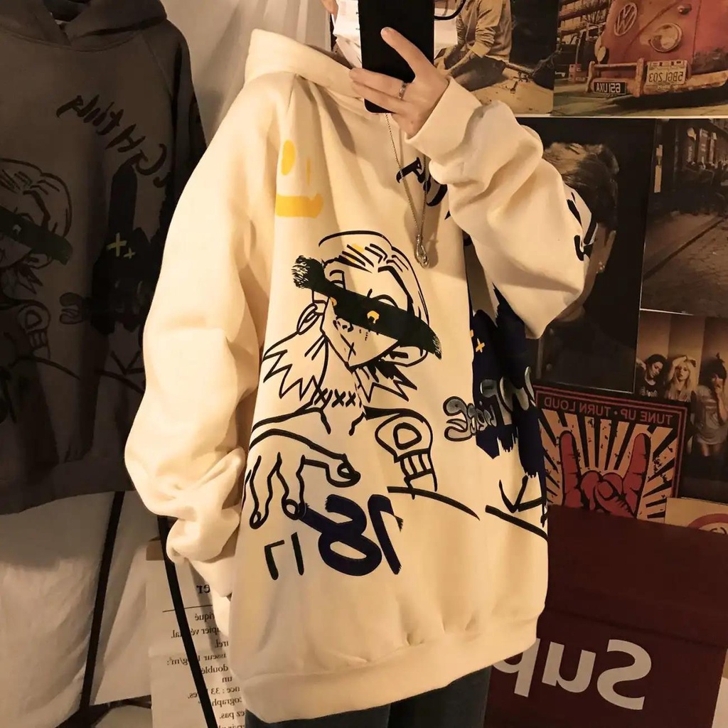 Áo Hoodie Lót Nhung Dáng Rộng Họa Tiết Graffiti Phong Cách Hip Hop Cá Tính Cho Nam