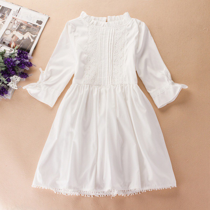 [Baywellfashion]Women Sweet Japanese Lace Dress Solid Color Strap Long Sleeve Tie Straps Casual Skirt White