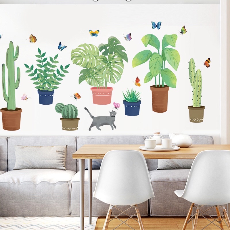 Decal dán tường chậu cây xanh và mèo