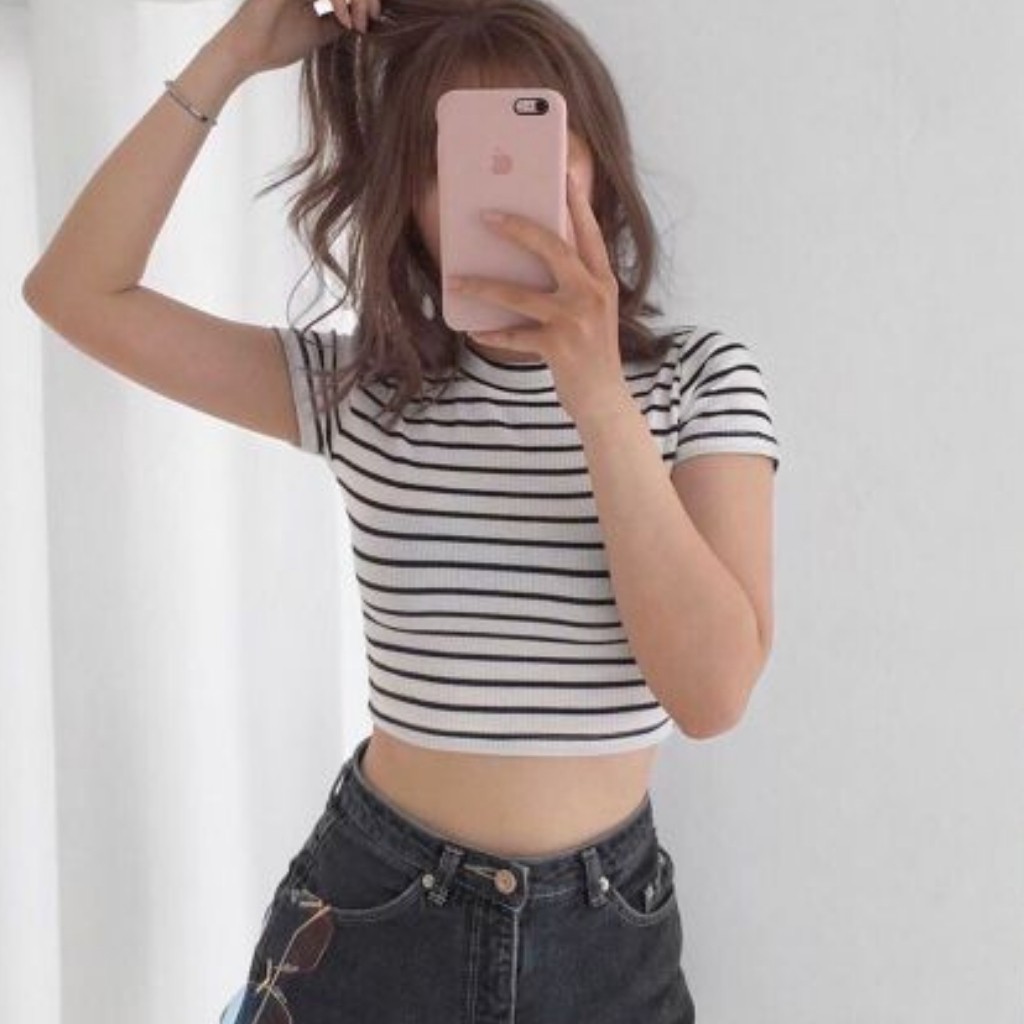 Áo Thun Nữ Sọc Ngang Basic Nhiều Màu GenY Áo Croptop Nữ Ngắn Tay Cổ Tròn Chất Thun Gân Mịn | BigBuy360 - bigbuy360.vn