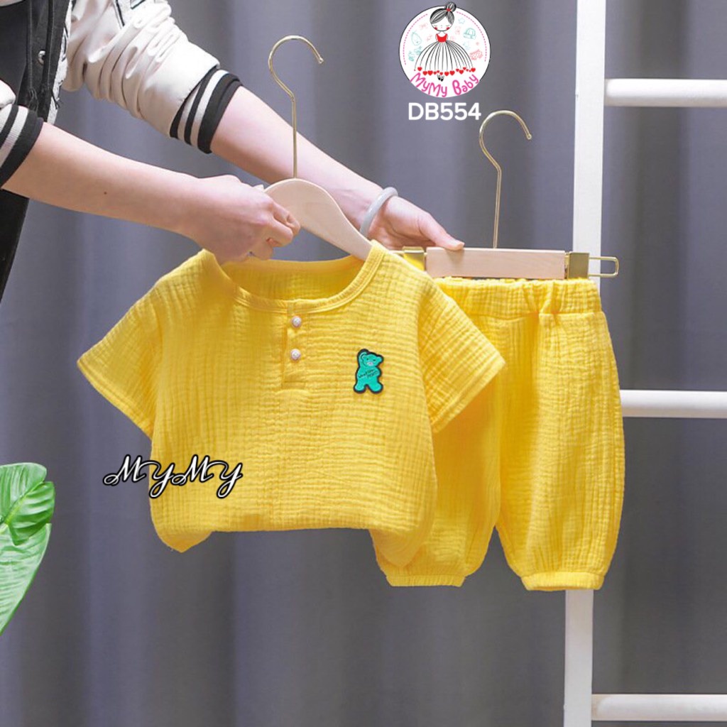 Đồ bộ vàng gấu xanh chất liệu vải xô cao cấp, hình thêu tỉ mỉ