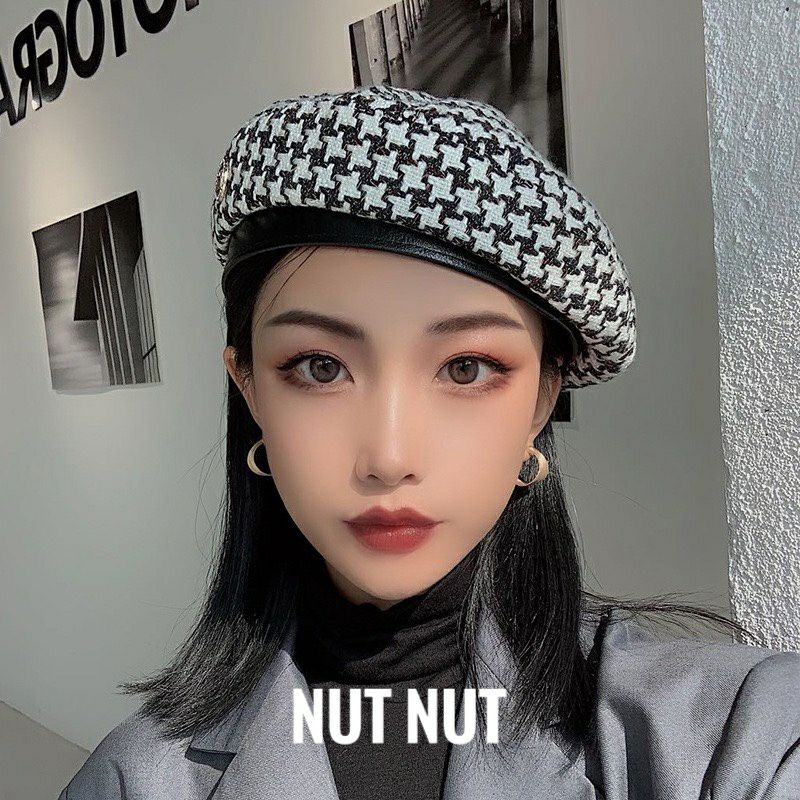 Nón Beret nữ dạ - mũ nồi caro thu đông thời trang Hàn Quốc có dây rút cho nữ M01