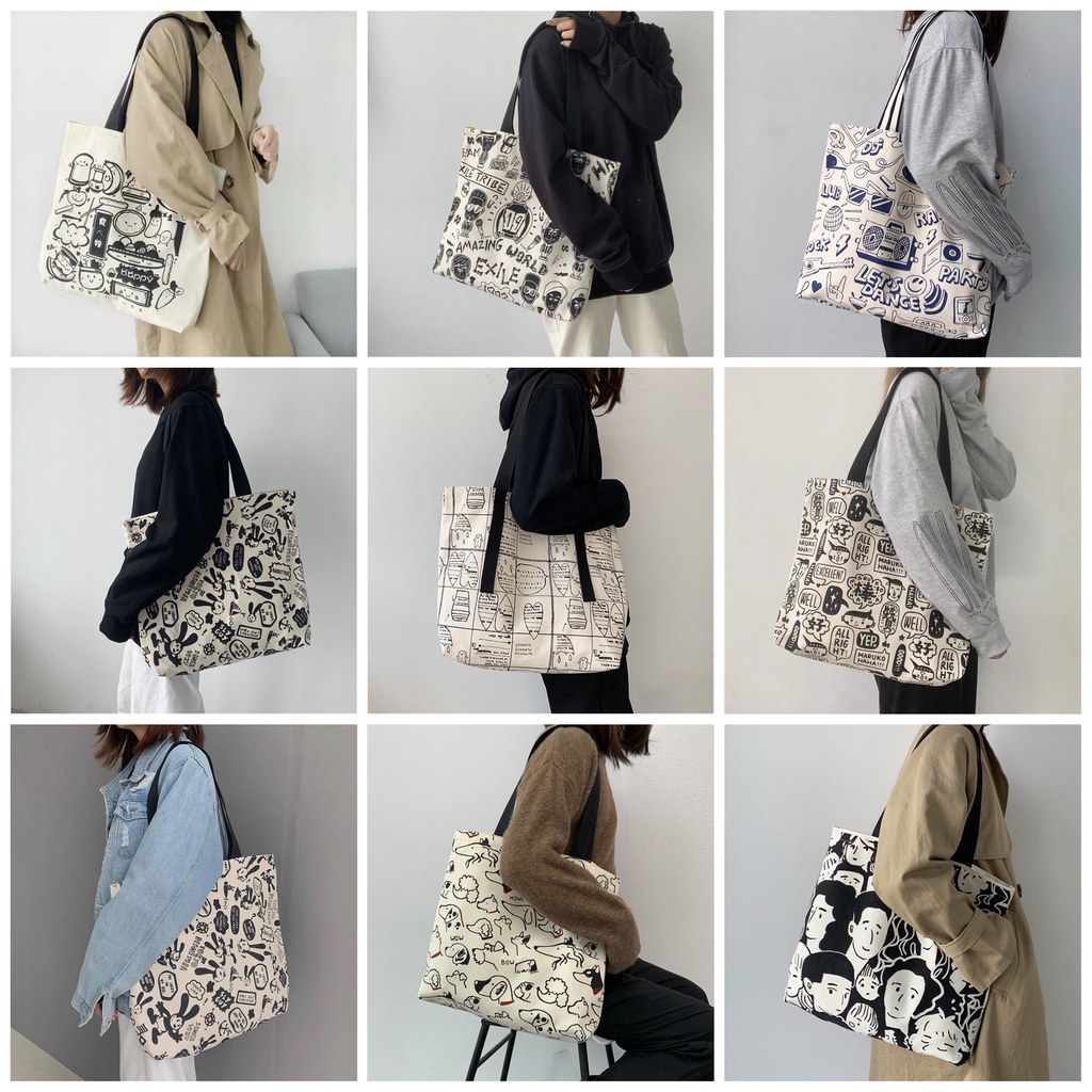 Túi Tote Túi Vải Canvas Phong Cách Hàn Quốc, Có Khóa Miệng, Có Ngăn Phụ Bên Trong Thời Trang Ulzzang