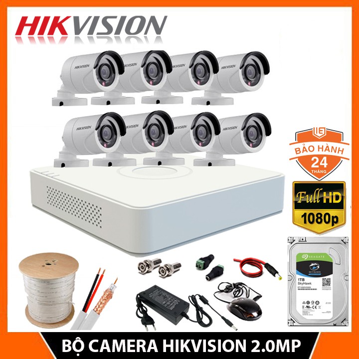 Bộ camera giám sắt HiKVISION FULLHD 1080P - Trọn bộ 8 mắt 2.0MP FHD, Kèm HDD 1TBB, đầy đủ phụ kiện lắp đặt - BH 24 Tháng