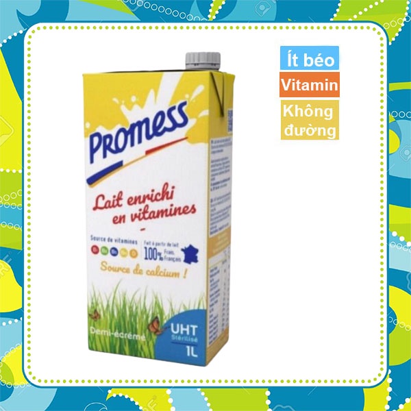Hộp 1L sữa tươi không đường ít béo tăng cường thêm Vitamin Promess (mới nhất)